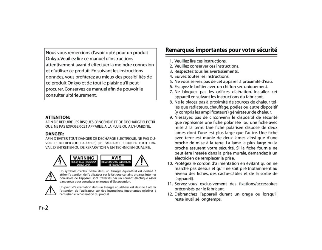Onkyo DS-A1 manual Remarques importantes pour votre sécurité, Fr-2 
