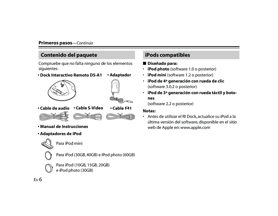 Onkyo DS-A1 manual Contenido del paquete, Primeros pasos-Continúa 