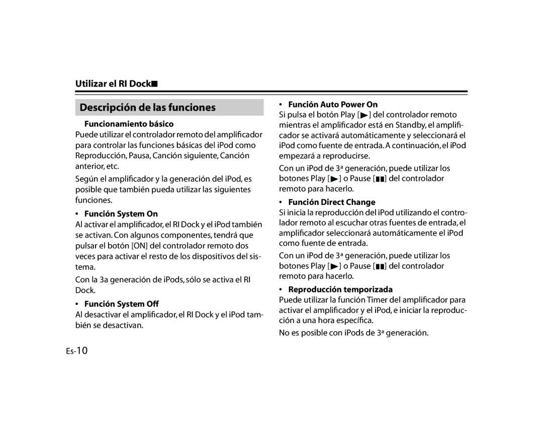 Onkyo DS-A1 manual Descripción de las funciones, Utilizar el RI Dock-Continúa 