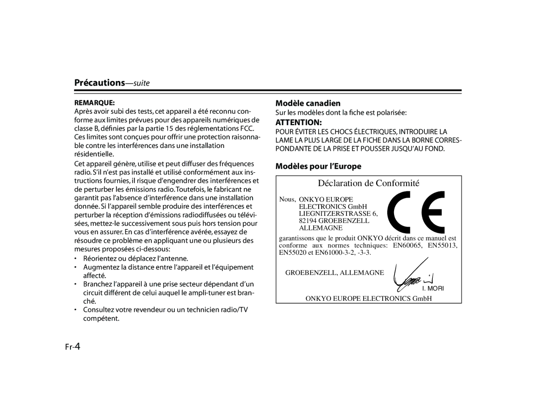 Onkyo DS-A1 manual Précautions-suite, Modèle canadien, Modèles pour l’Europe, Fr-4 