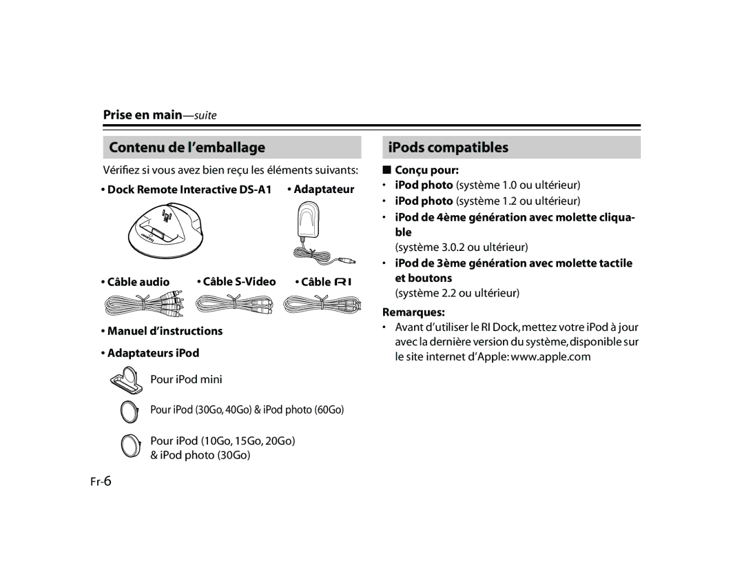 Onkyo DS-A1 manual Contenu de l’emballage, IPods compatibles, Prise en main-suite 