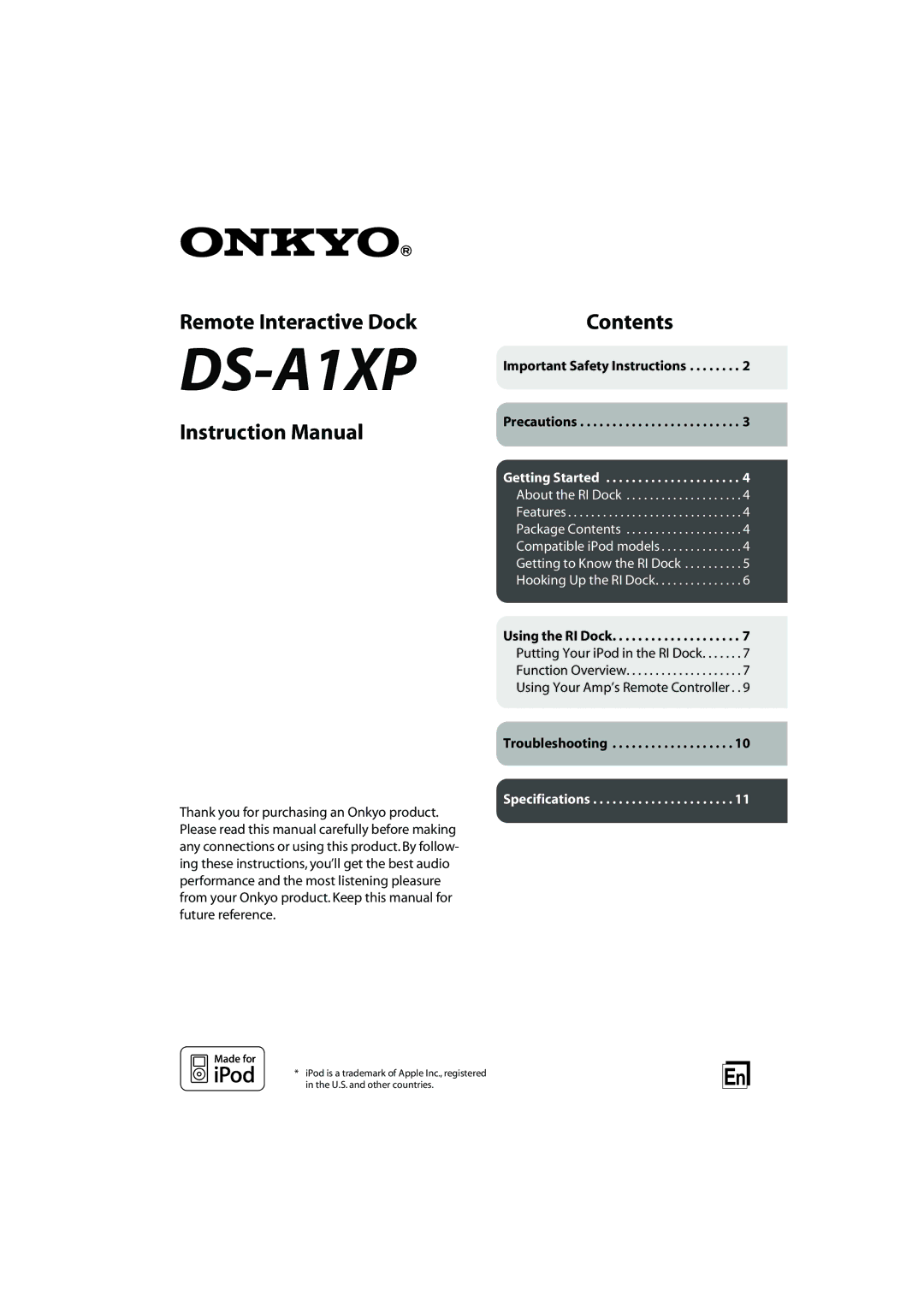 Onkyo DS-A1XP instruction manual Remote Interactive Dock, Contents 