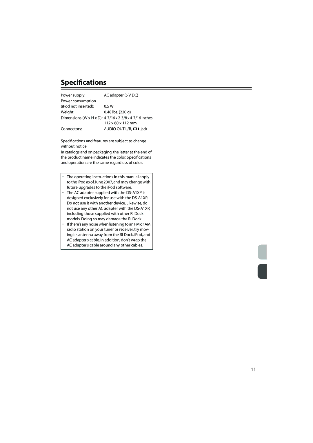 Onkyo DS-A1XP instruction manual Speciﬁcations, Audio OUT L/R 