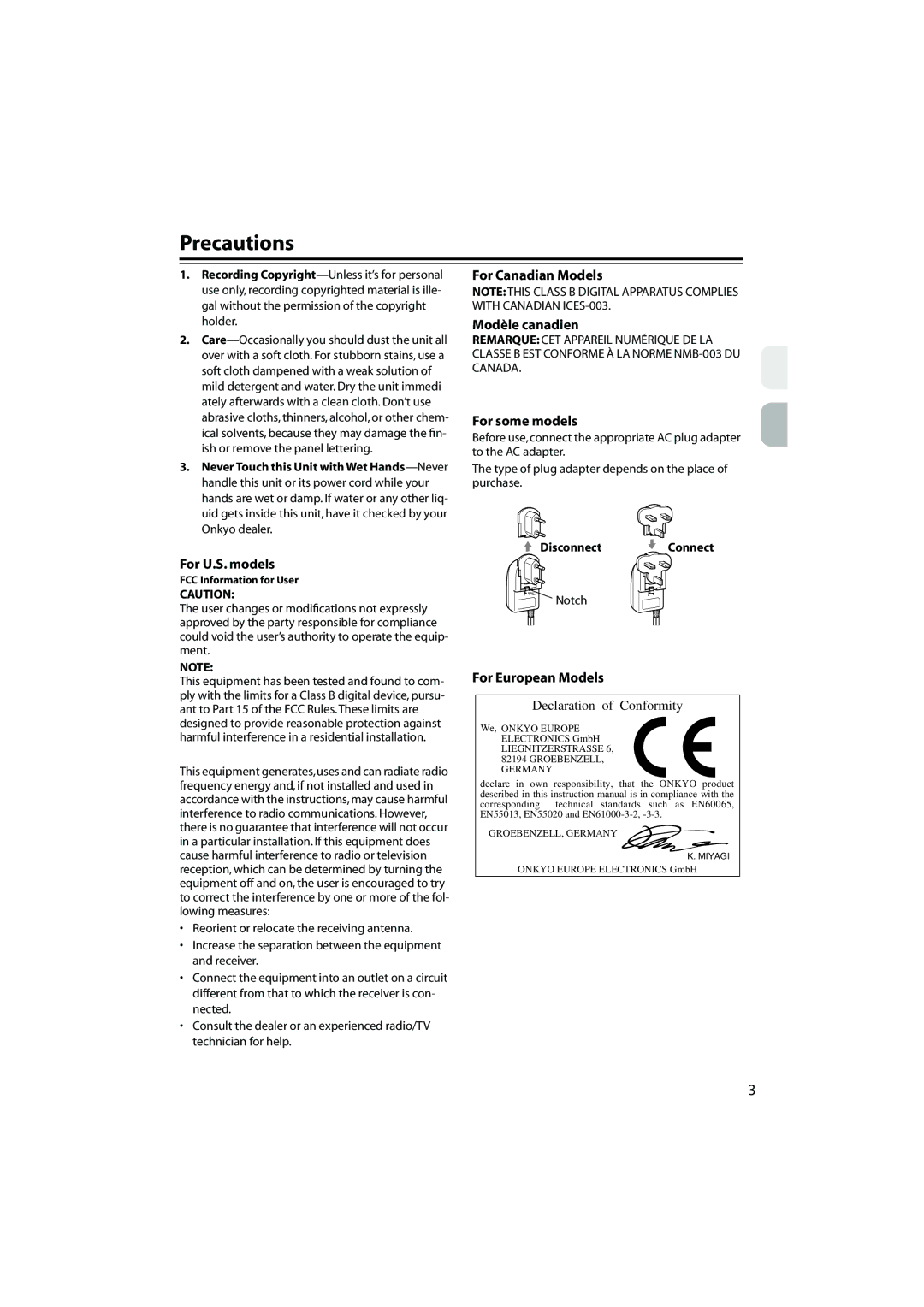 Onkyo DS-A1XP Precautions, For U.S. models, For Canadian Models Modèle canadien, For some models, For European Models 