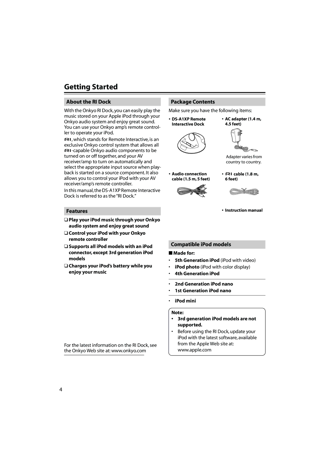 Onkyo DS-A1XP instruction manual Getting Started, About the RI Dock, Features, Package Contents, Compatible iPod models 