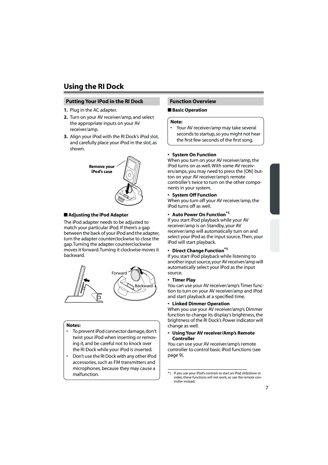 Onkyo DS-A1XP instruction manual Using the RI Dock, Putting Your iPod in the RI Dock, Function Overview 