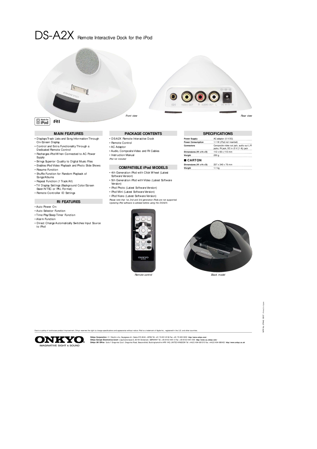 Onkyo manual DS-A2XRemote Interactive Dock for the iPod, Main Features, RI Features, Package Contents, Specifications 