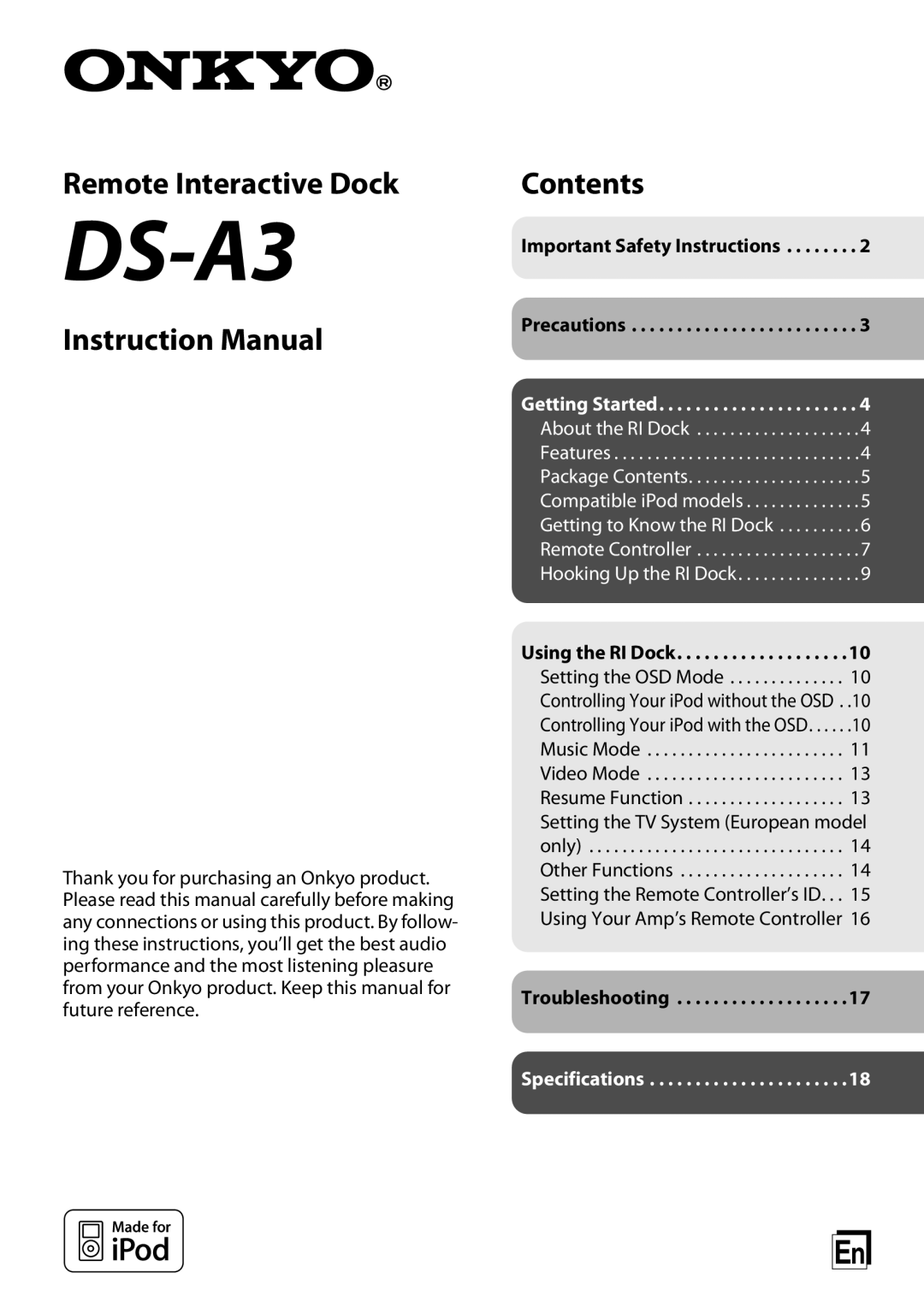 Onkyo 29344880A, DS-A3, D0901-2 instruction manual Remote Interactive Dock, Contents 