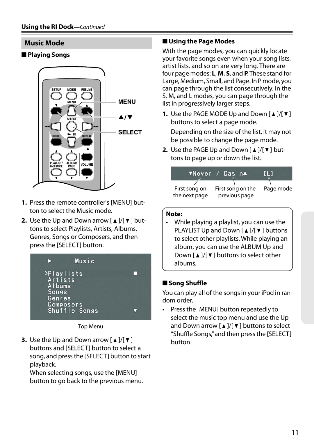 Onkyo D0901-2 Music Mode, Using the Page Modes Playing Songs, Be possible to change the page mode, But, Song Shuffle 