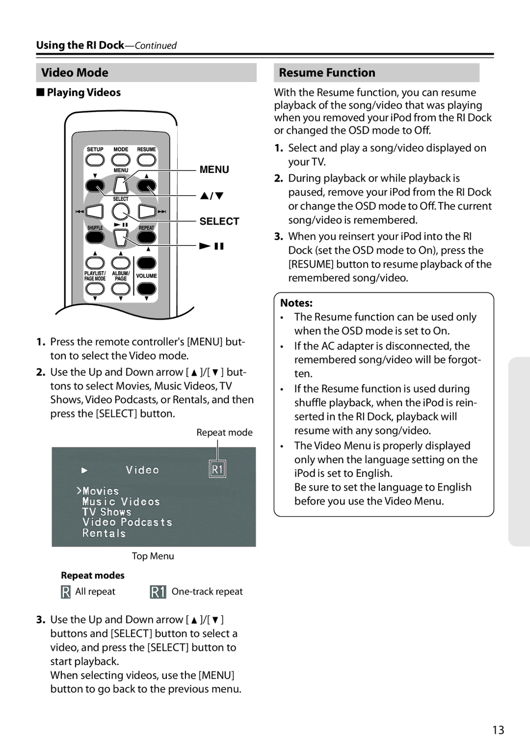 Onkyo 29344880A, DS-A3, D0901-2 instruction manual Video Mode, Resume Function, Playing Videos 