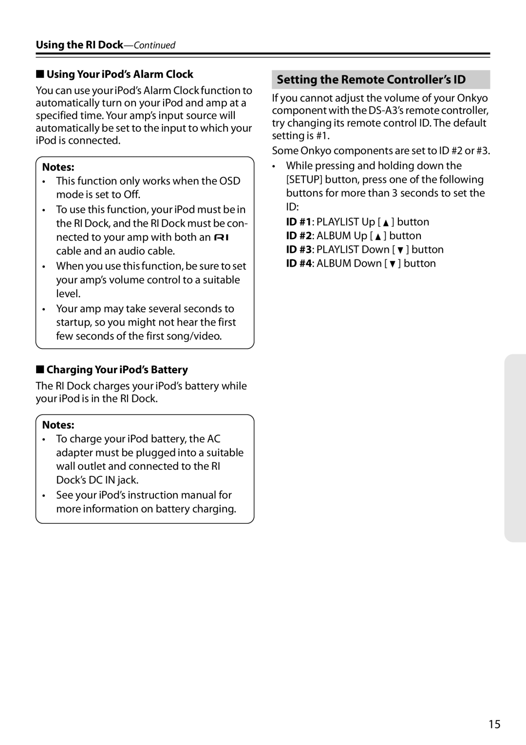 Onkyo DS-A3, 29344880A, D0901-2 Setting the Remote Controller’s ID, Using the RI Dock Using Your iPod’s Alarm Clock 