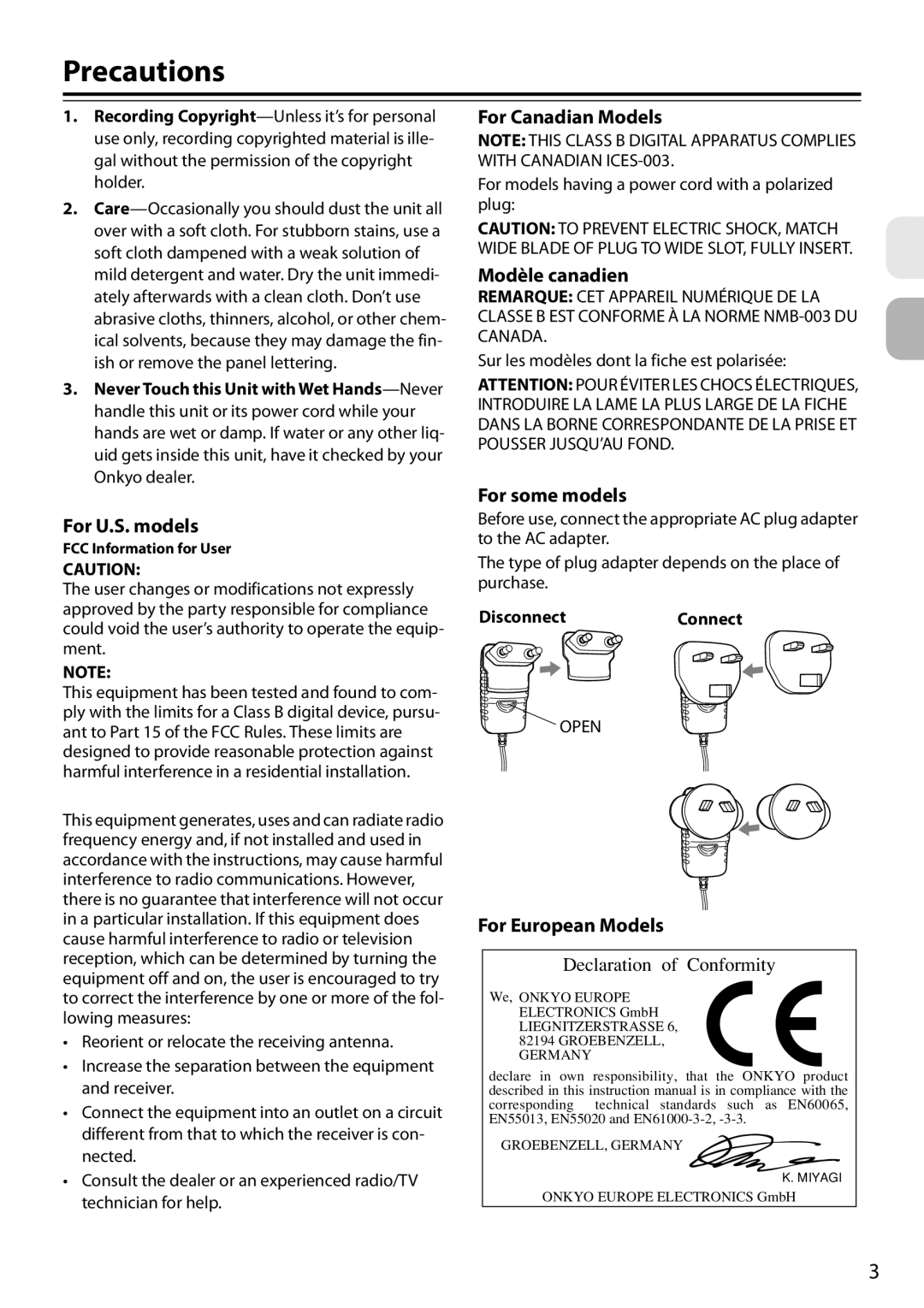 Onkyo DS-A3, 29344880A, D0901-2 instruction manual Precautions 