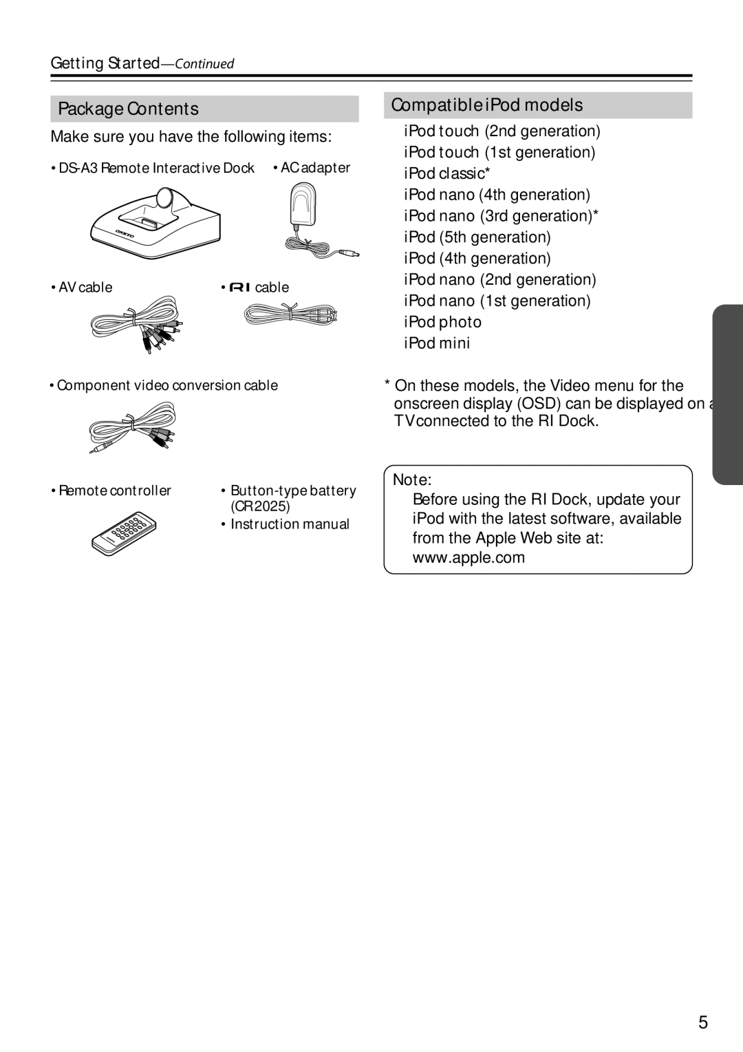 Onkyo D0901-2, DS-A3, 29344880A instruction manual Package Contents, Compatible iPod models 