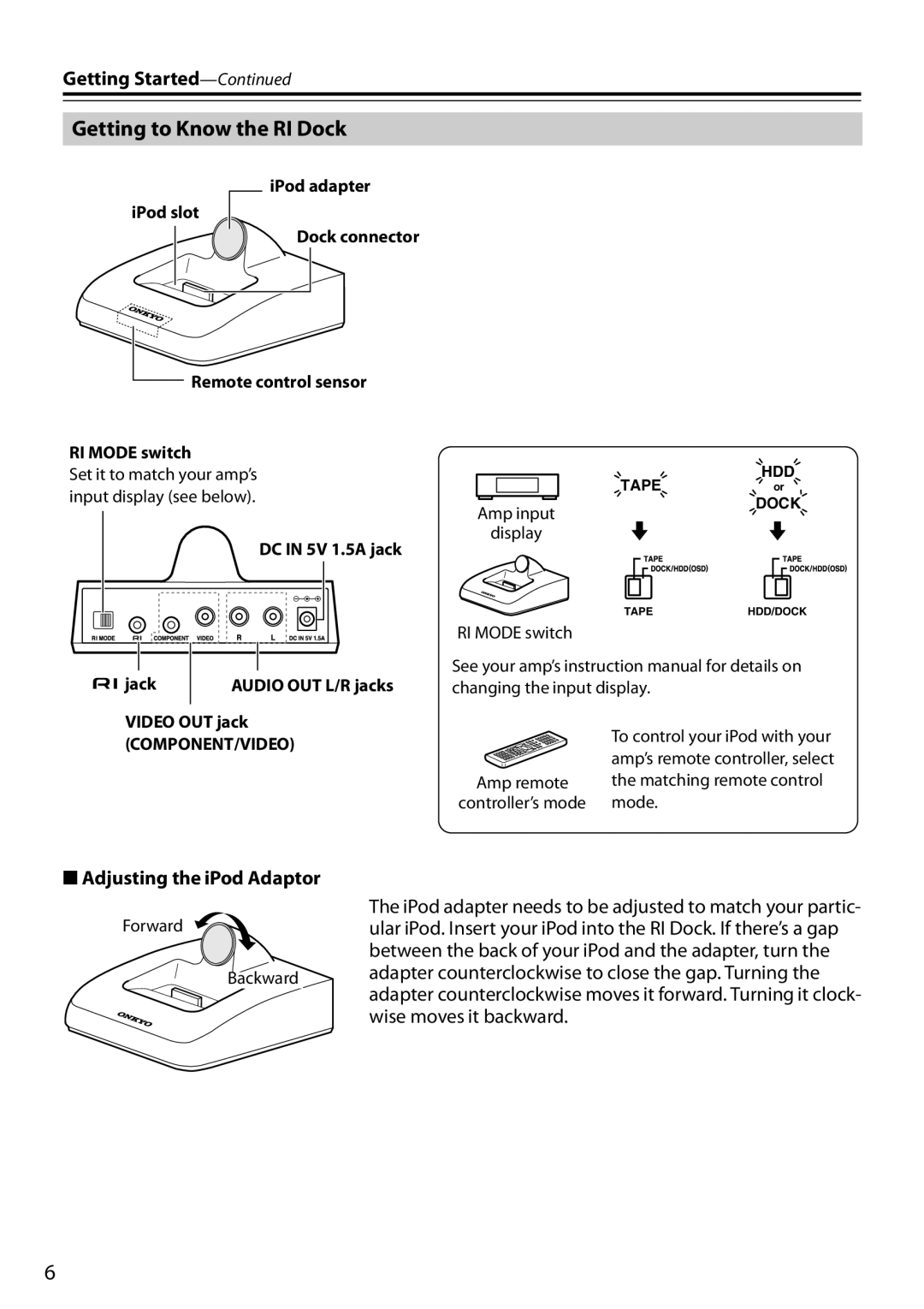 Onkyo DS-A3, 29344880A, D0901-2 instruction manual Getting to Know the RI Dock, Adjusting the iPod Adaptor 