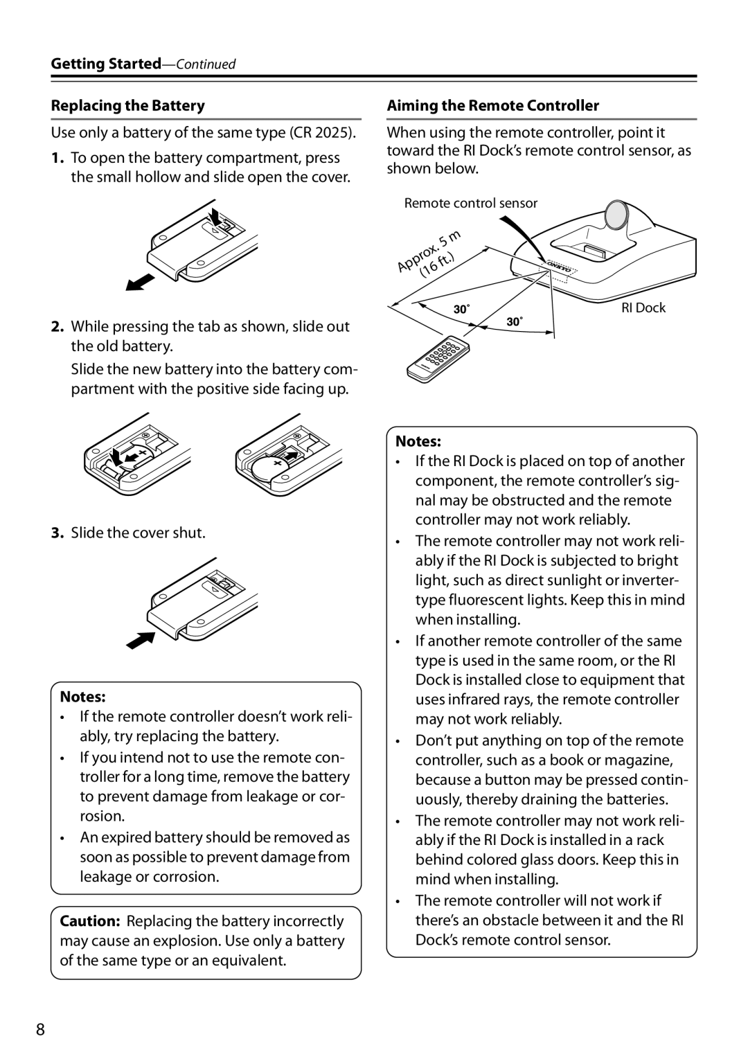 Onkyo D0901-2, DS-A3, 29344880A instruction manual Getting Started Replacing the Battery, Aiming the Remote Controller 