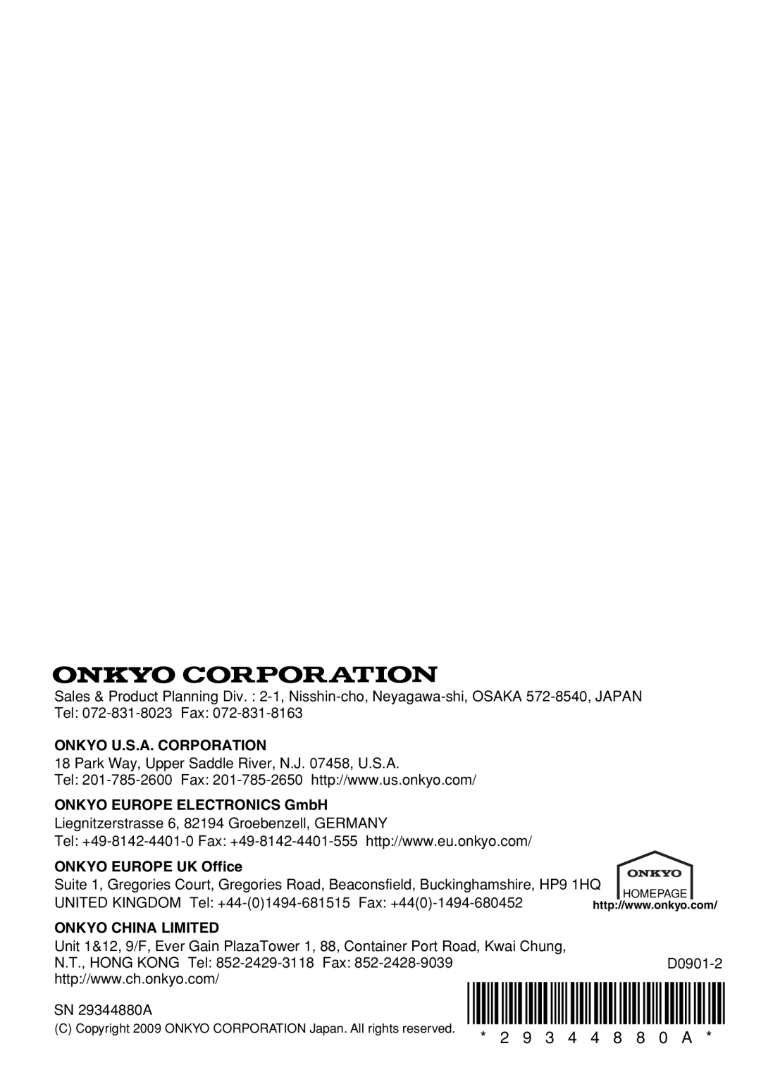 Onkyo D0901-2, DS-A3 2 9 3 4 4 8 8 0 A, Onkyo U.S.A. Corporation, ONKYO EUROPE ELECTRONICS GmbH, ONKYO EUROPE UK Office 