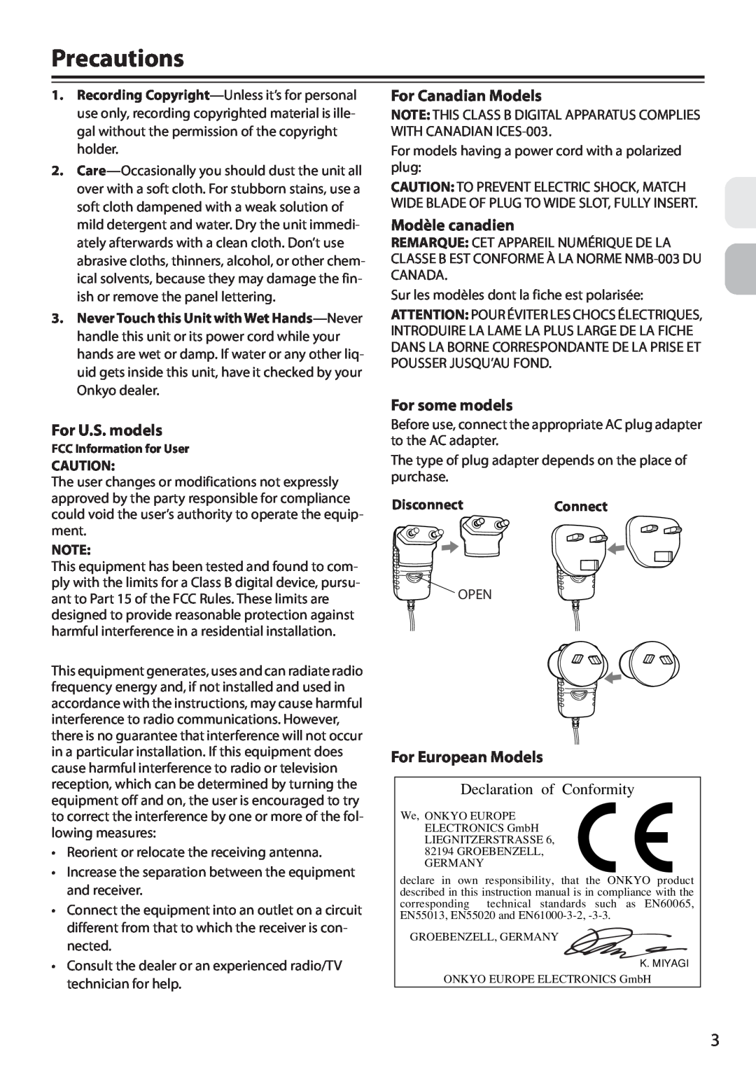 Onkyo DS-A3 Precautions, For U.S. models, For Canadian Models, Modèle canadien, For some models, For European Models 