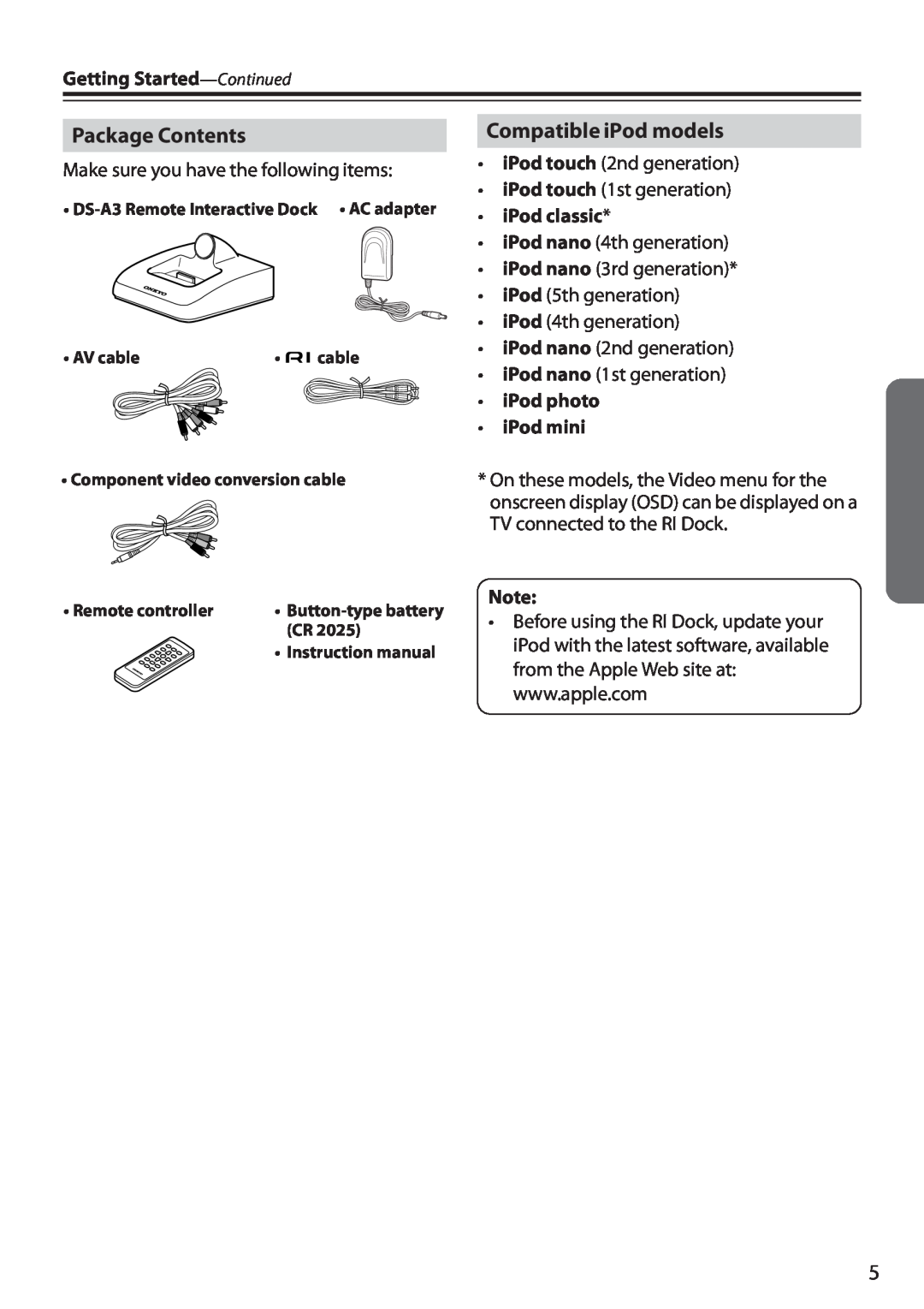 Onkyo D0901-2 Package Contents, Compatible iPod models, Getting Started-Continued, iPod classic, iPod photo iPod mini 