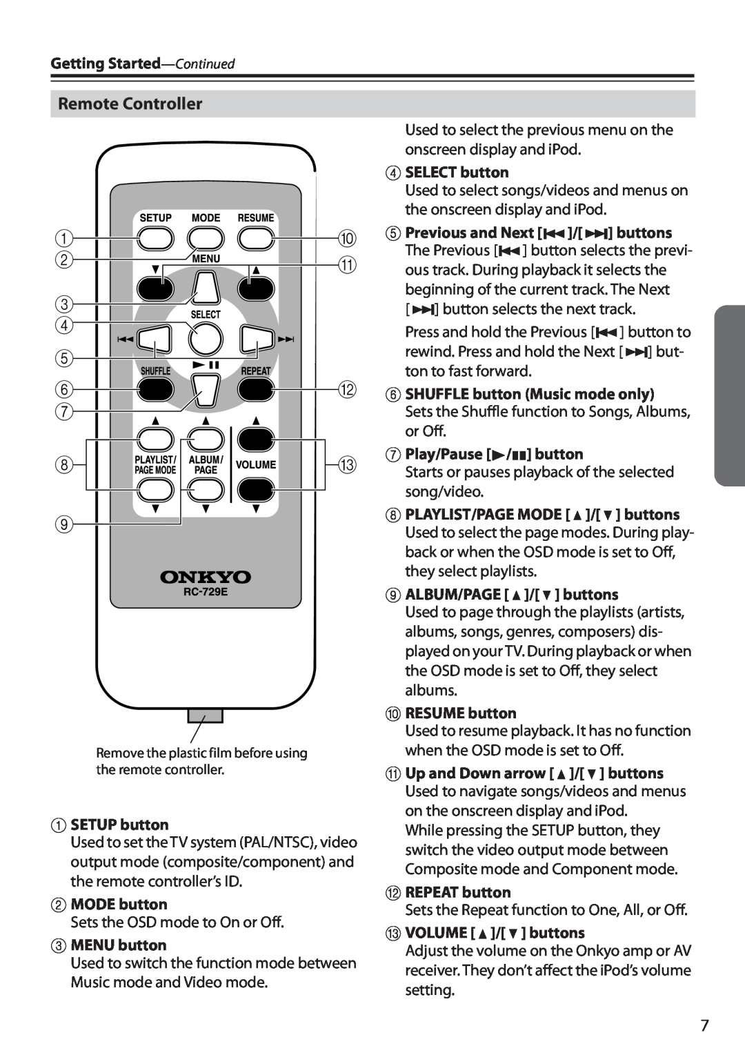 Onkyo 29344880A Remote Controller, A SETUP button, B MODE button, C MENU button, D SELECT button, G Play/Pause / button 