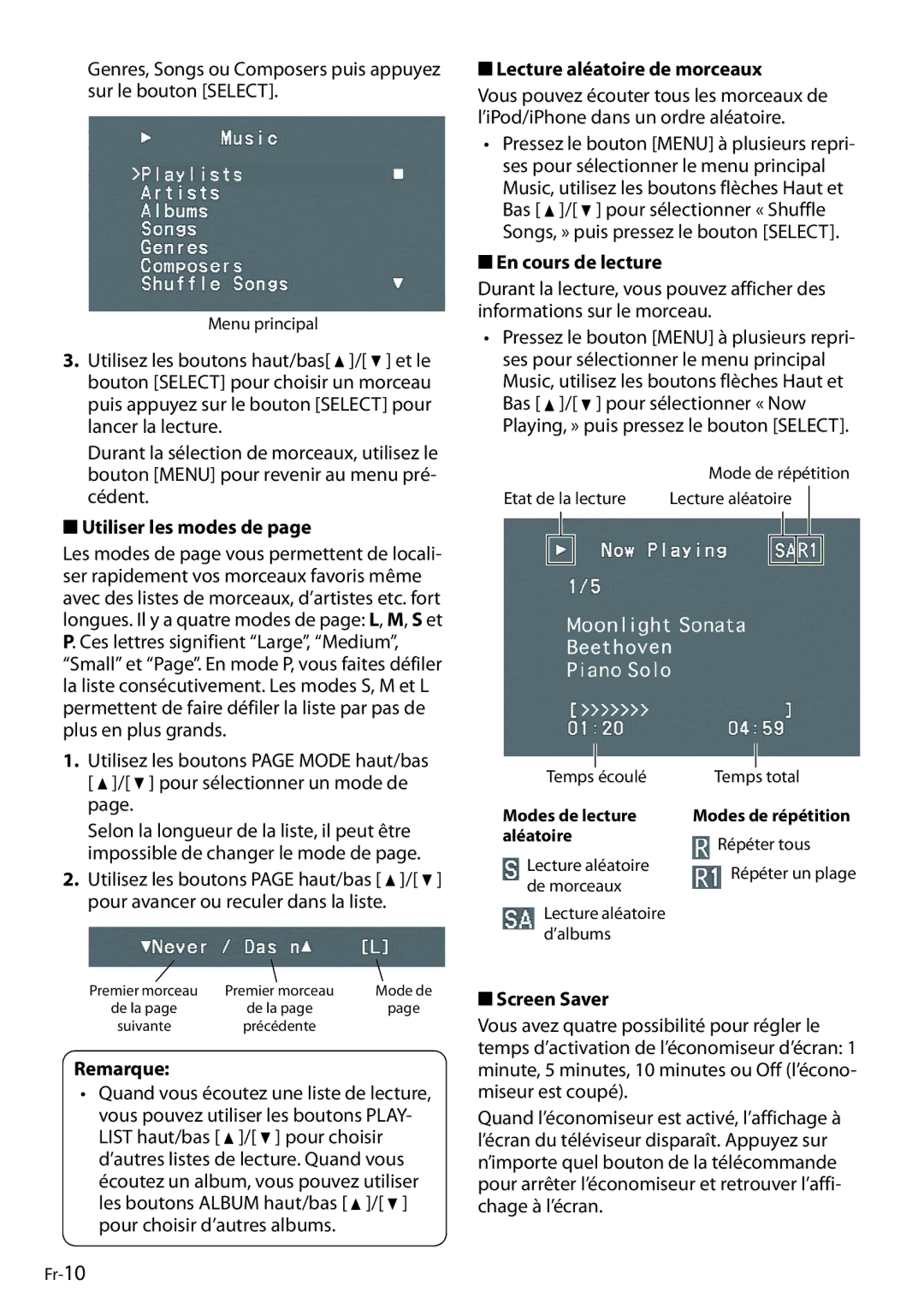 Onkyo DS-A4 manual Utiliser les modes de, Remarque, Lecture aléatoire de morceaux, En cours de lecture, Screen Saver 