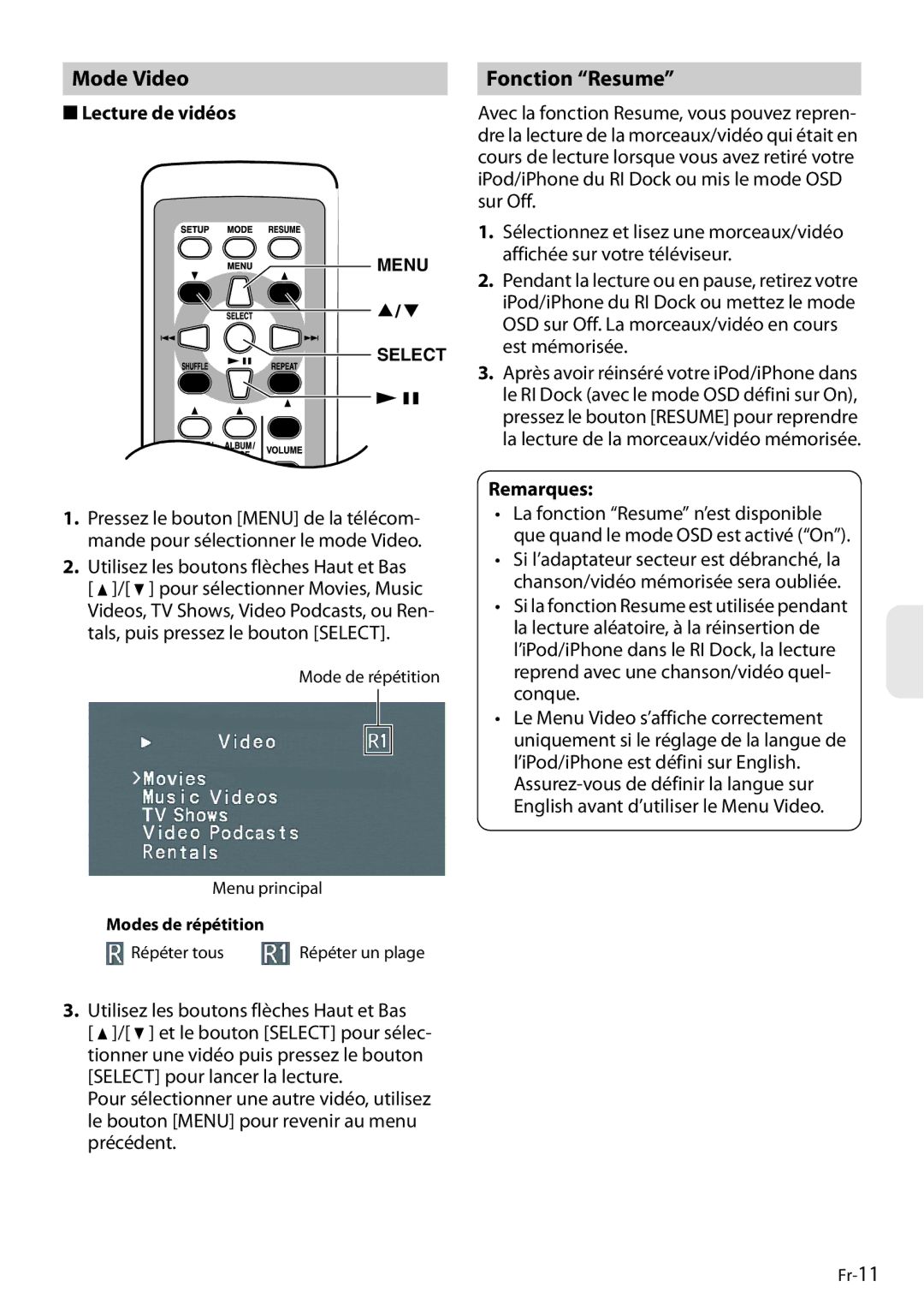 Onkyo DS-A4 manual Mode Video, Fonction Resume, Lecture de vidéos, Utilisez les boutons flèches Haut et Bas 