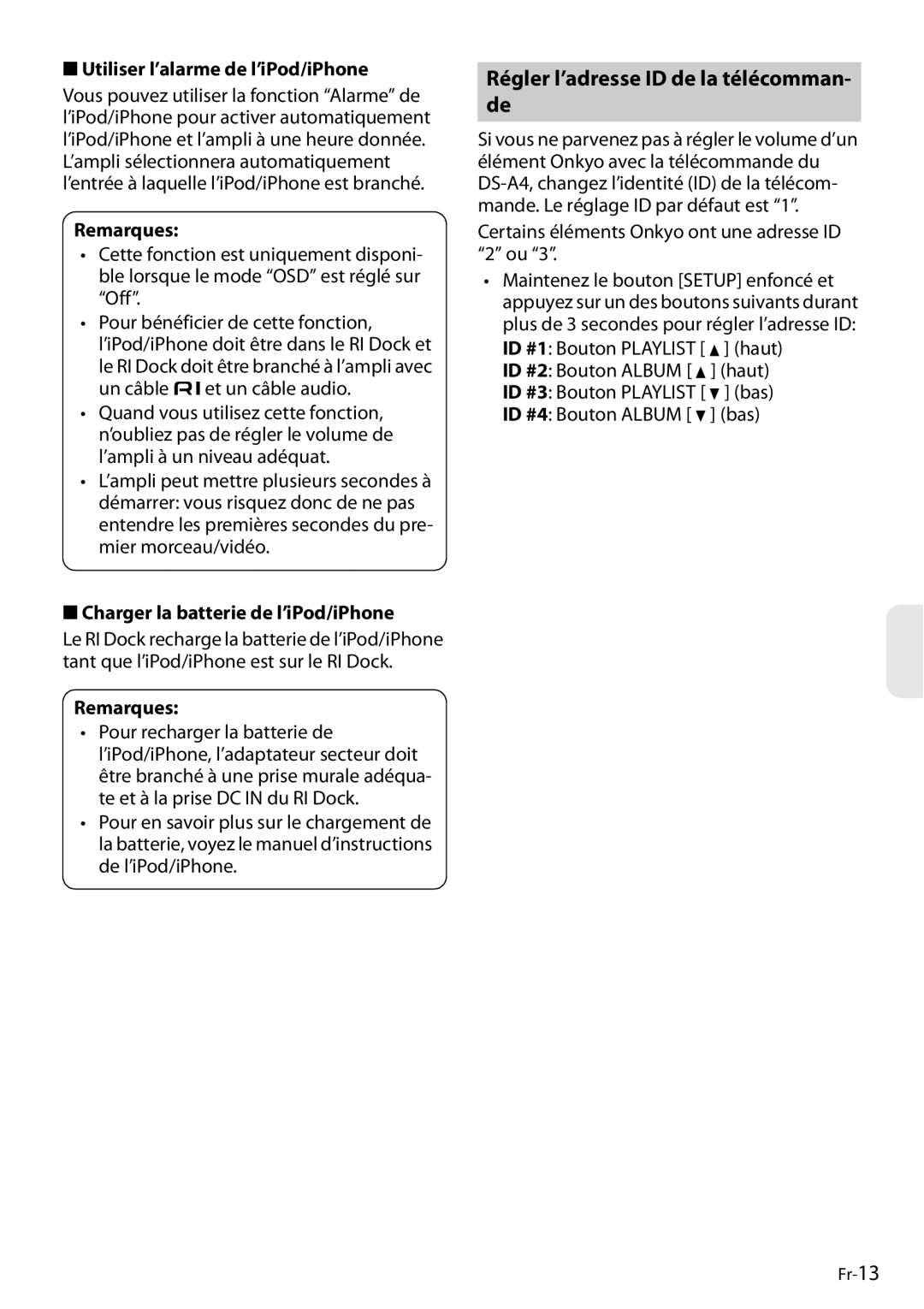 Onkyo DS-A4 manual Régler l’adresse ID de la télécomman- de, Utiliser l’alarme de l’iPod/iPhone 