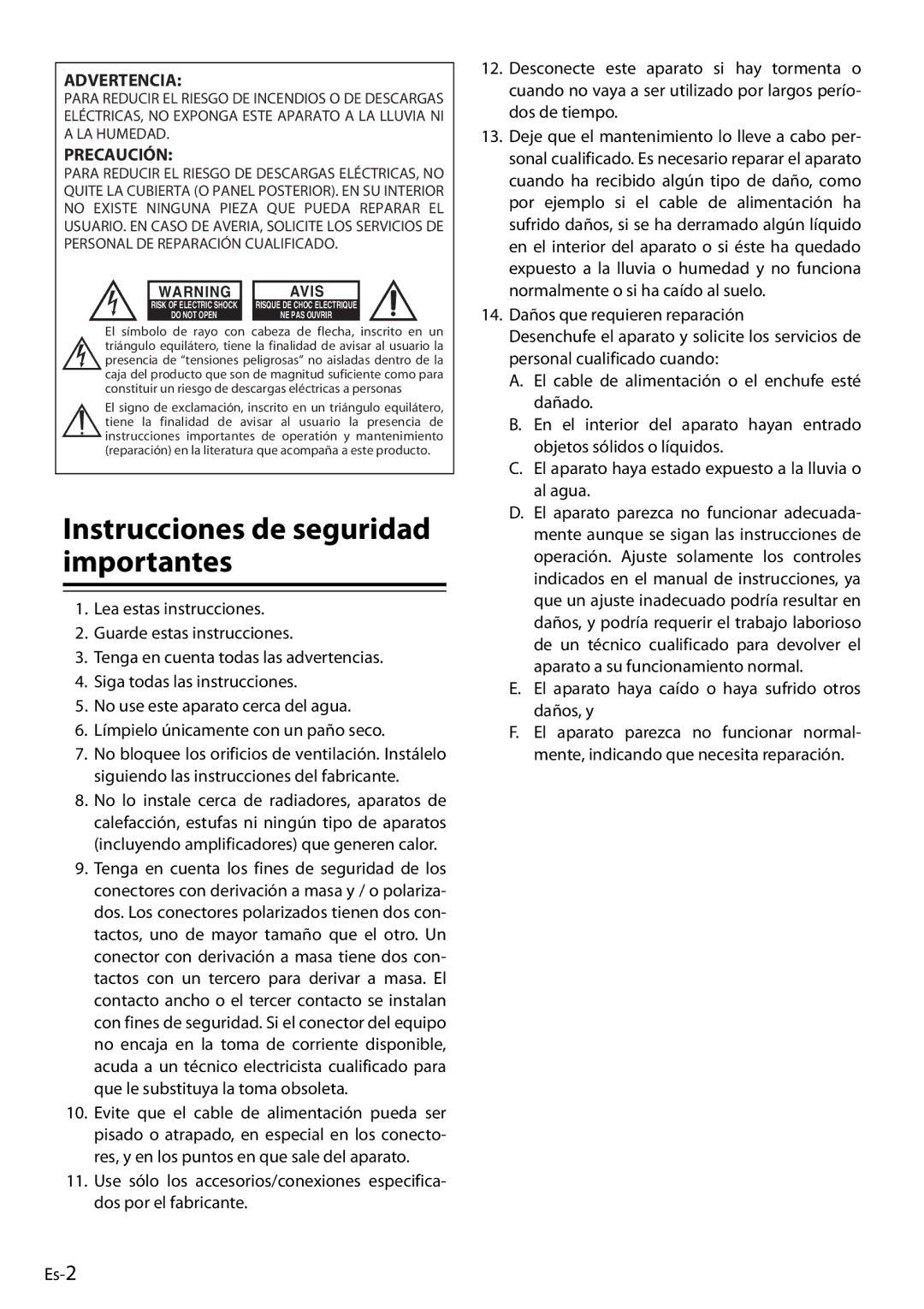 Onkyo DS-A4 manual Instrucciones de seguridad importantes, Advertencia 