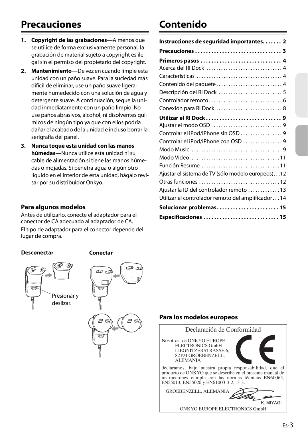 Onkyo DS-A4 manual Precauciones, Contenido, Para algunos modelos, Para los modelos europeos 