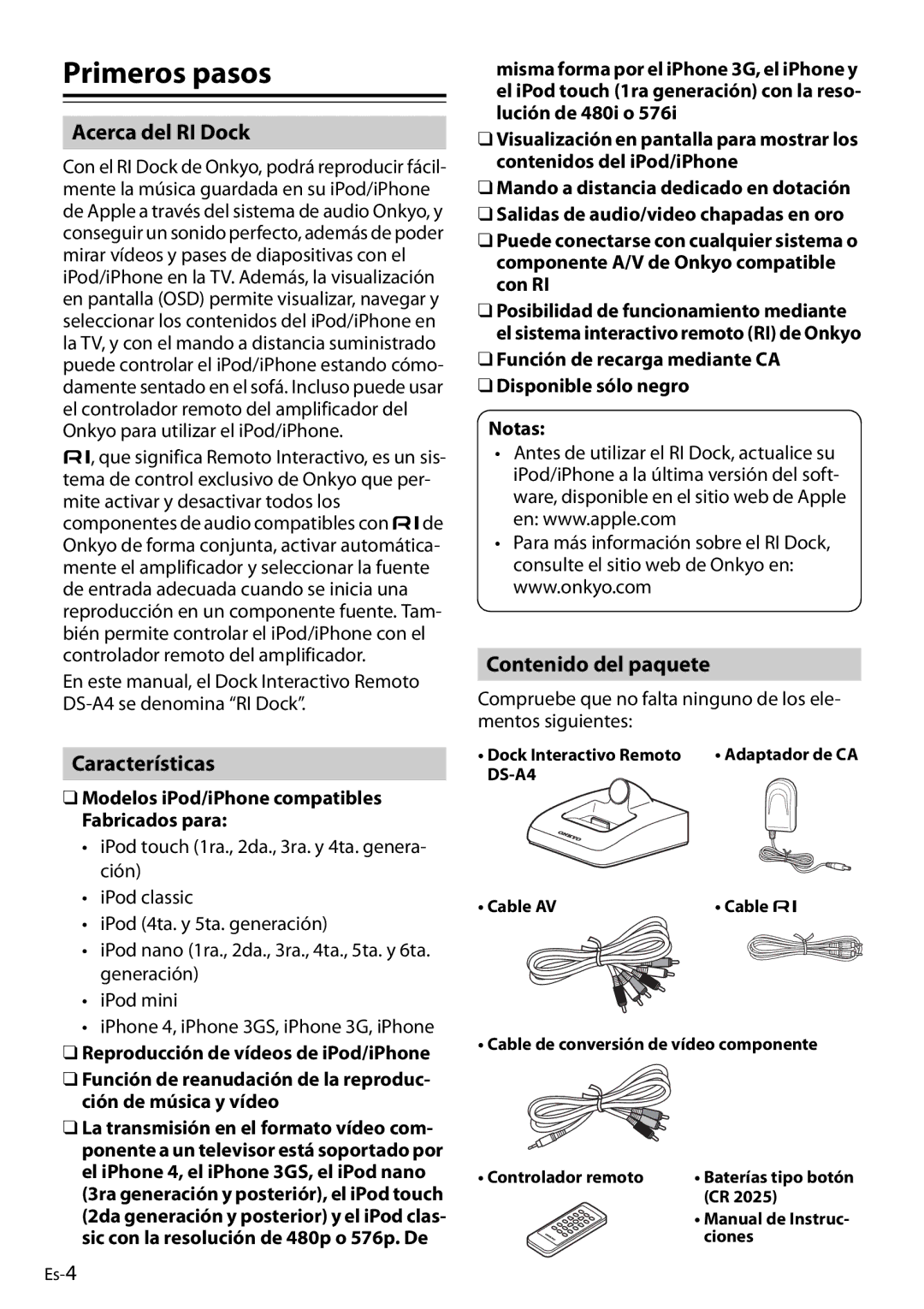 Onkyo DS-A4 manual Primeros pasos, Acerca del RI Dock, Características, Contenido del paquete 