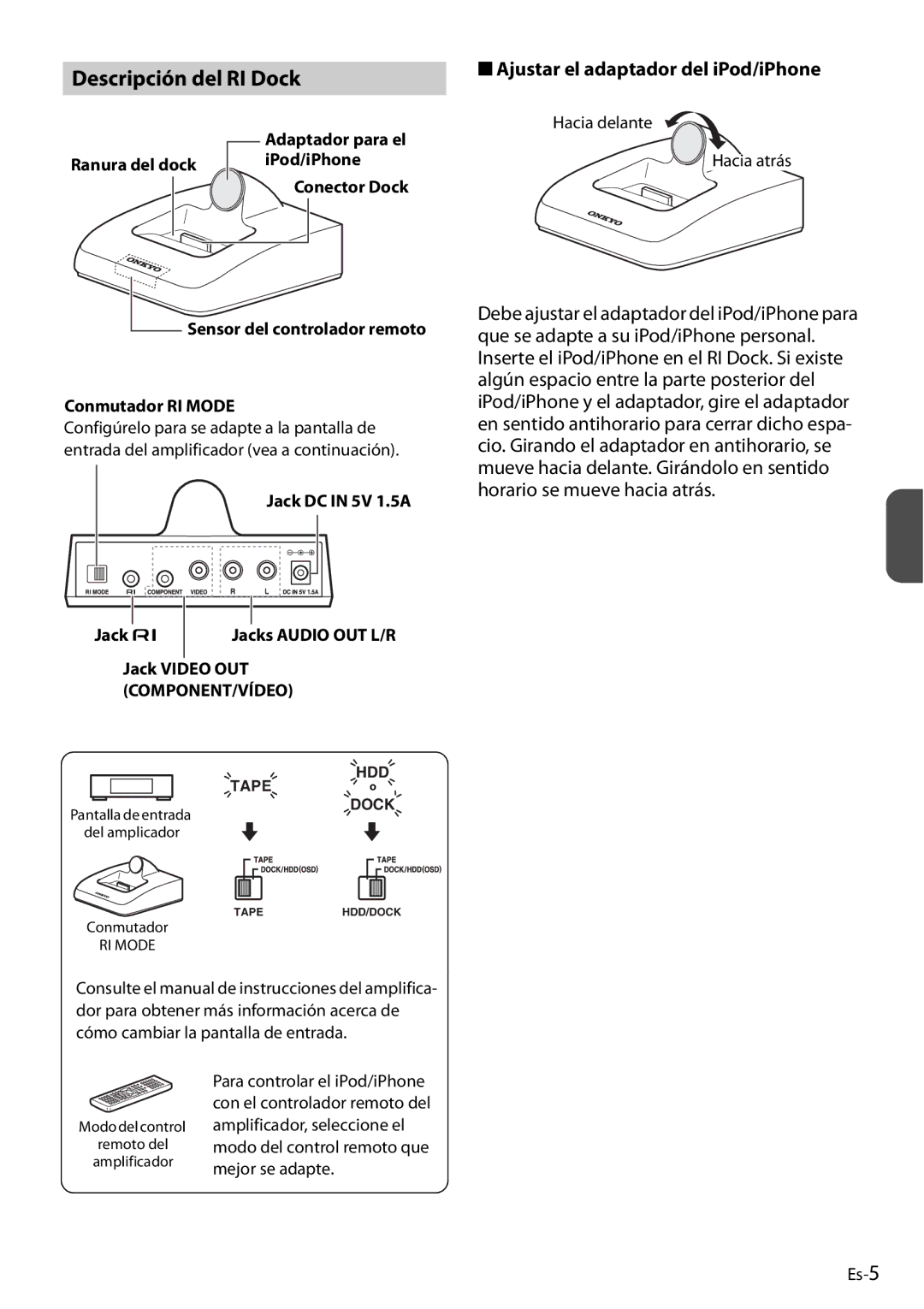 Onkyo DS-A4 manual Descripción del RI Dock, Ajustar el adaptador del iPod/iPhone 