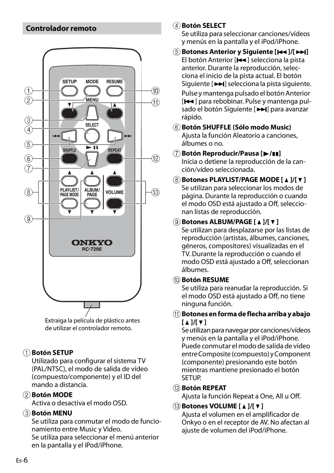 Onkyo DS-A4 manual Controlador remoto 