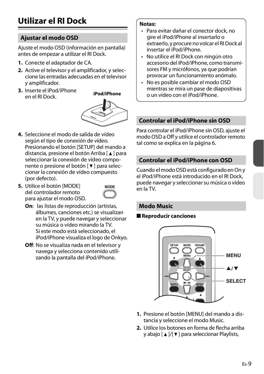 Onkyo DS-A4 Utilizar el RI Dock, Ajustar el modo OSD, Controlar el iPod/iPhone sin OSD, Controlar el iPod/iPhone con OSD 