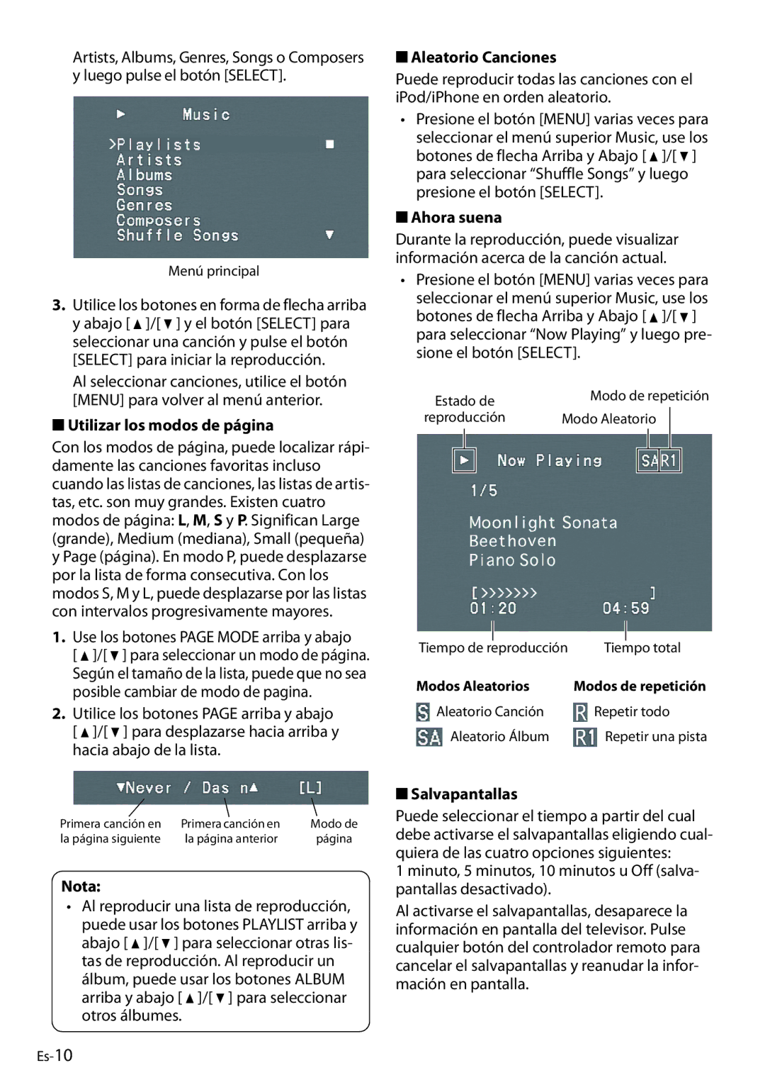 Onkyo DS-A4 manual Utilizar los modos de página, Nota, Aleatorio Canciones, Ahora suena, Salvapantallas 
