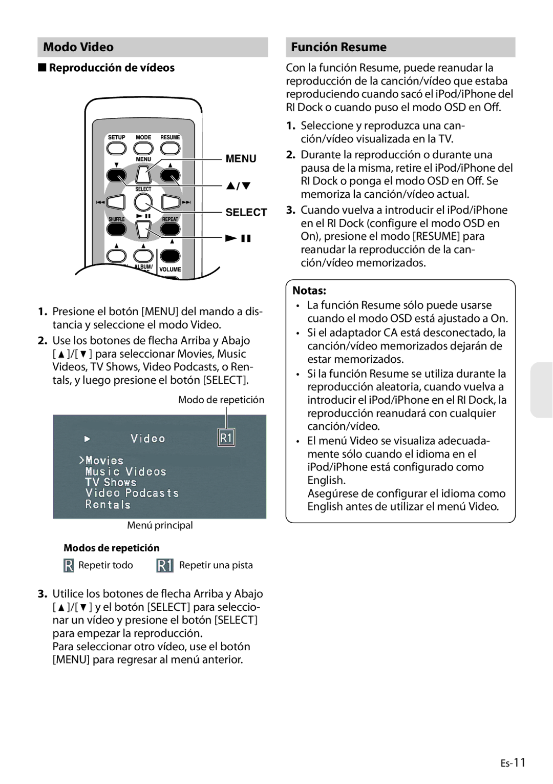 Onkyo DS-A4 manual Modo Video, Función Resume, Reproducción de vídeos, Utilice los botones de flecha Arriba y Abajo 