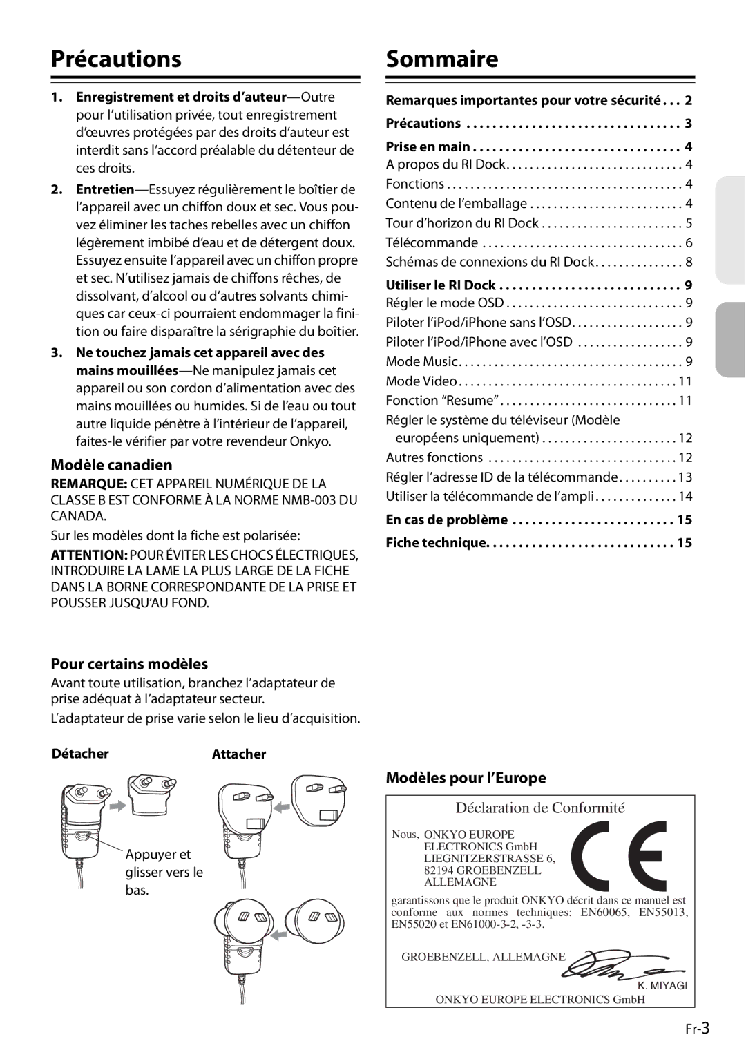 Onkyo DS-A4 manual Précautions, Sommaire, Modèle canadien, Pour certains modèles, Modèles pour l’Europe 