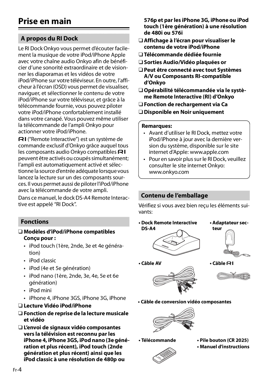 Onkyo DS-A4 manual Prise en main, Propos du RI Dock, Fonctions, Contenu de l’emballage 