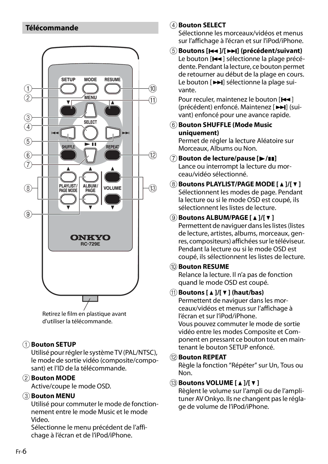 Onkyo DS-A4 manual Télécommande 