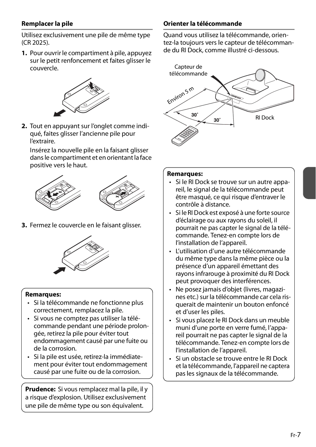 Onkyo DS-A4 manual Remplacer la pile, Orienter la télécommande, Pas les signaux de la télécommande 