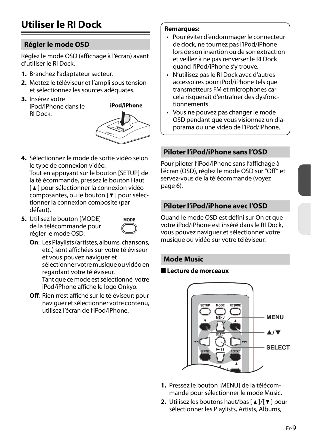 Onkyo DS-A4 Utiliser le RI Dock, Régler le mode OSD, Piloter l’iPod/iPhone sans l’OSD, Piloter l’iPod/iPhone avec l’OSD 