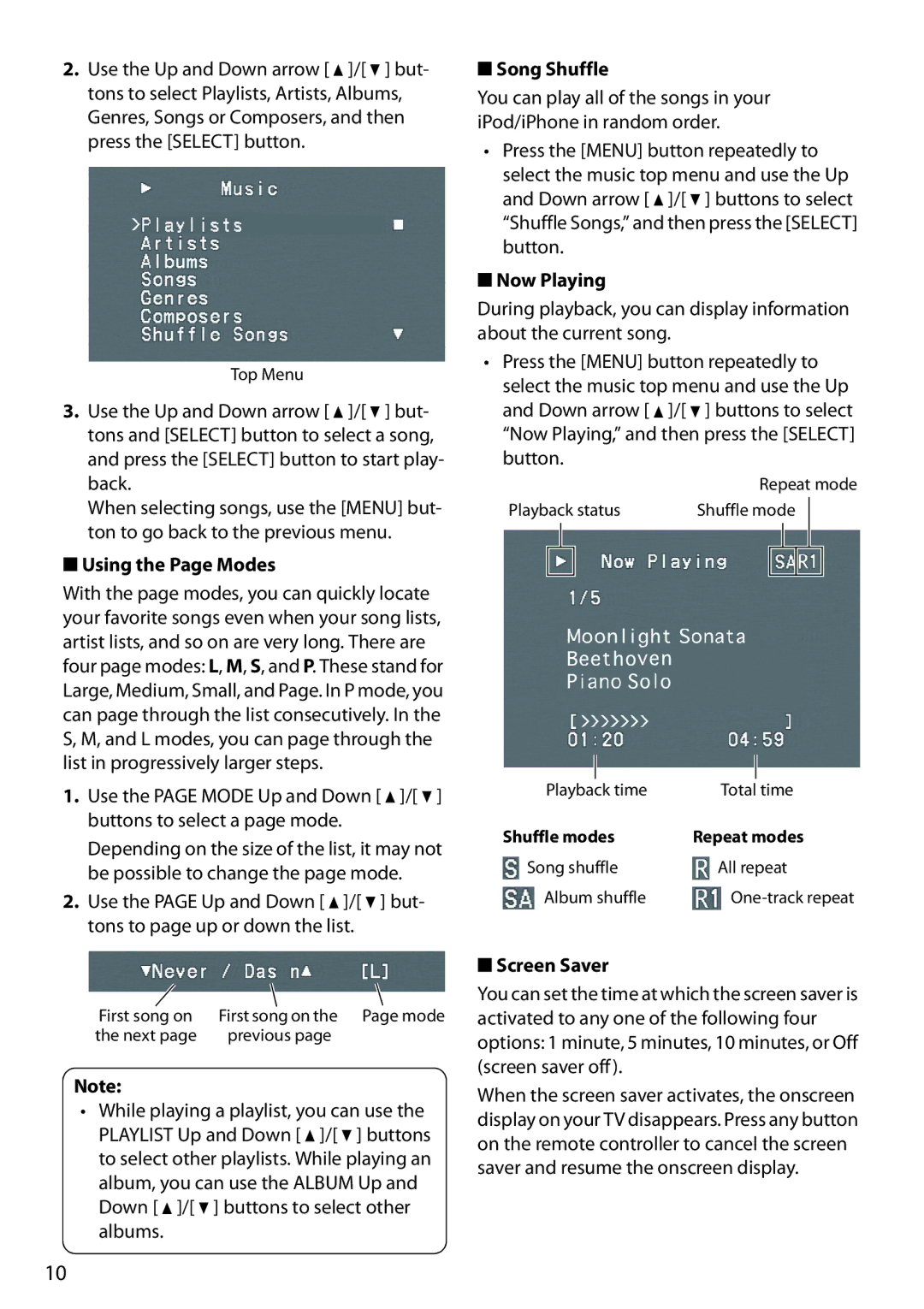 Onkyo DS-A4 instruction manual Using the Page Modes, But, Song Shuffle, Now Playing, Screen Saver 