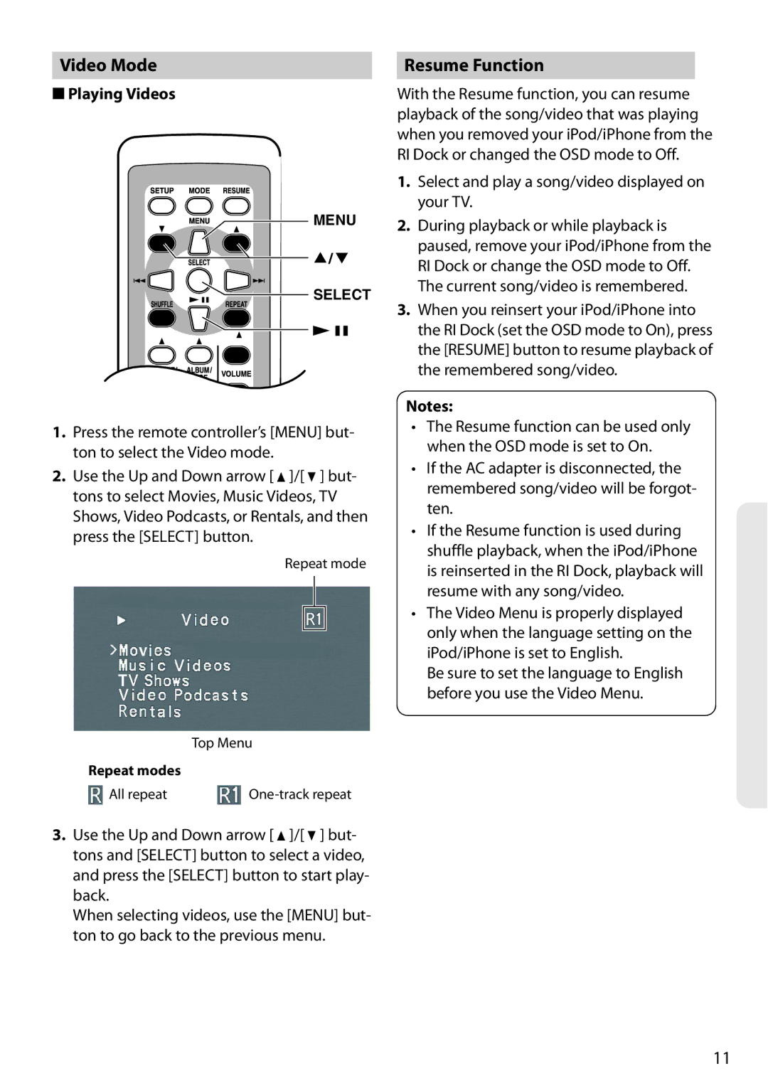 Onkyo DS-A4 Video Mode, Resume Function, Playing Videos, Select and play a song/video displayed on your TV 