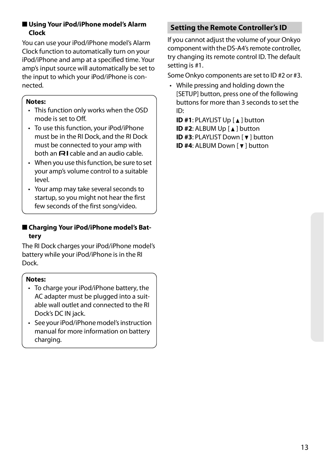 Onkyo DS-A4 instruction manual Setting the Remote Controller’s ID, Using Your iPod/iPhone model’s Alarm Clock, Button 