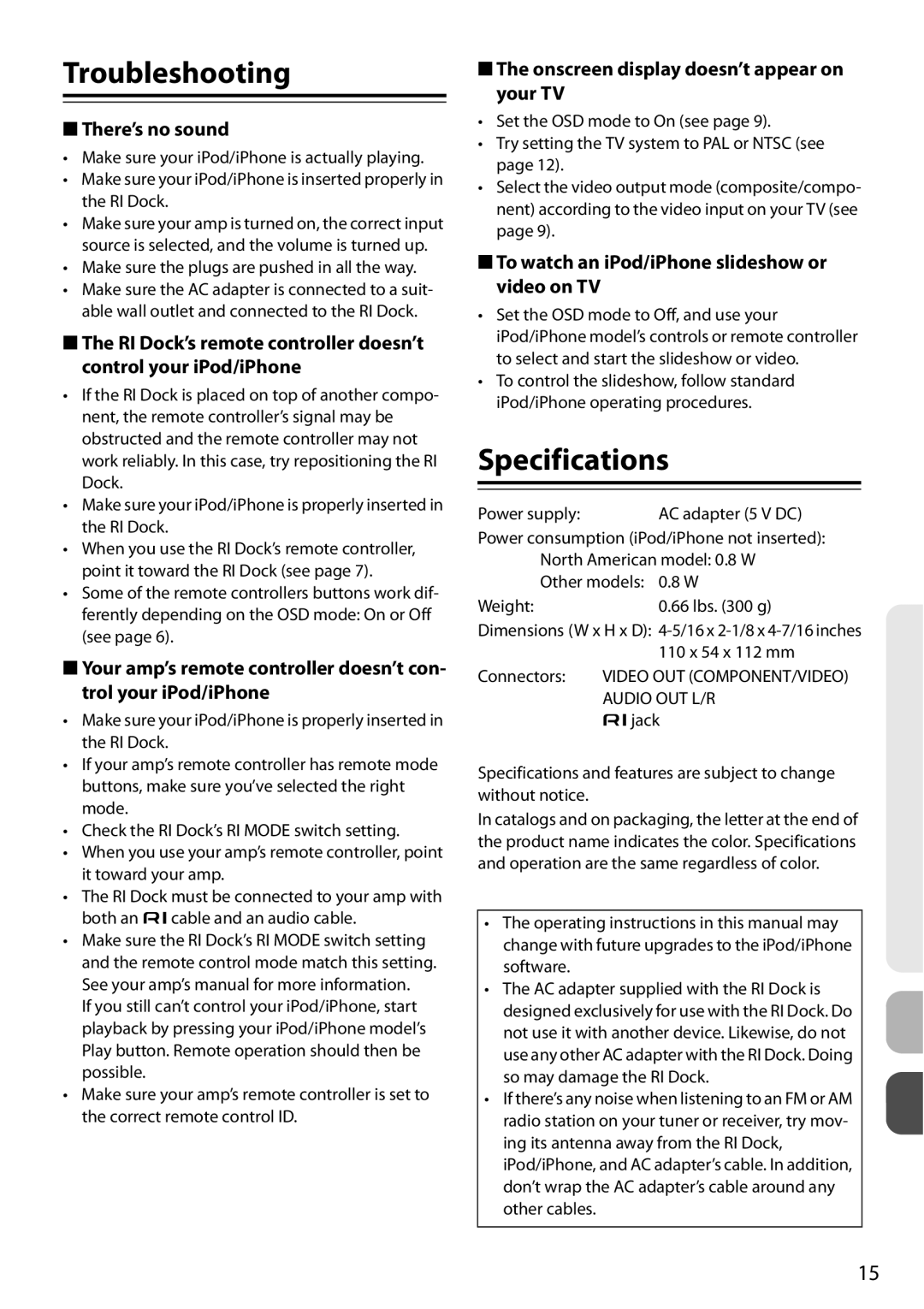 Onkyo DS-A4 Troubleshooting, Specifications, There’s no sound, Onscreen display doesn’t appear on your TV 