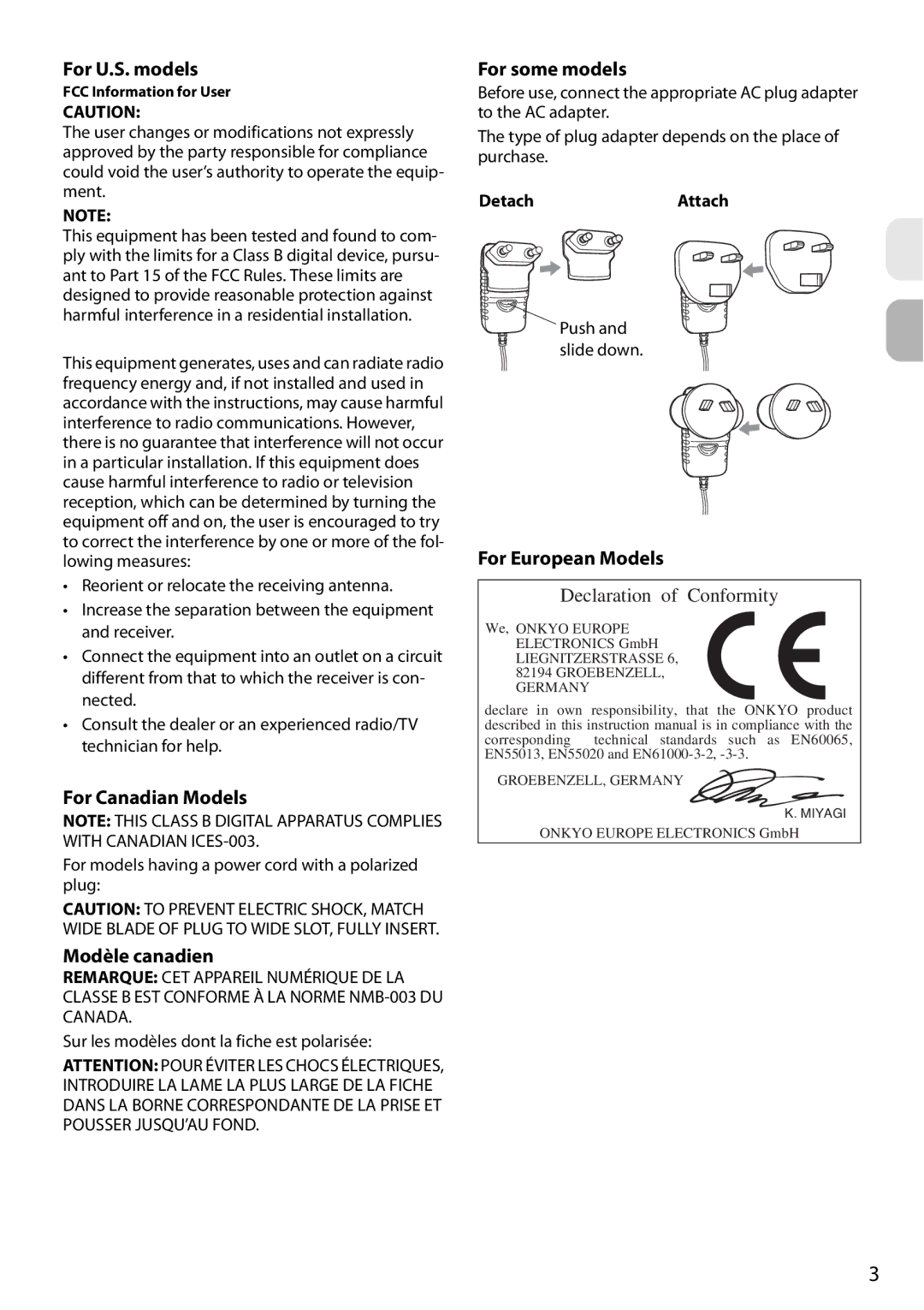 Onkyo DS-A4 instruction manual For U.S. models, For Canadian Models, Modèle canadien, For some models, For European Models 