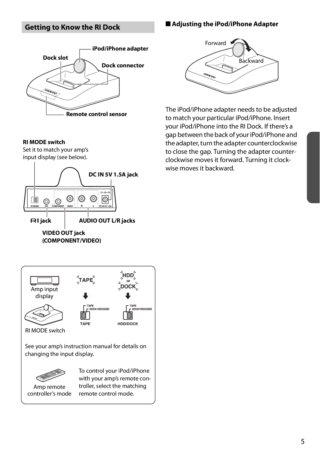 Onkyo DS-A4 instruction manual Getting to Know the RI Dock, Adjusting the iPod/iPhone Adapter 