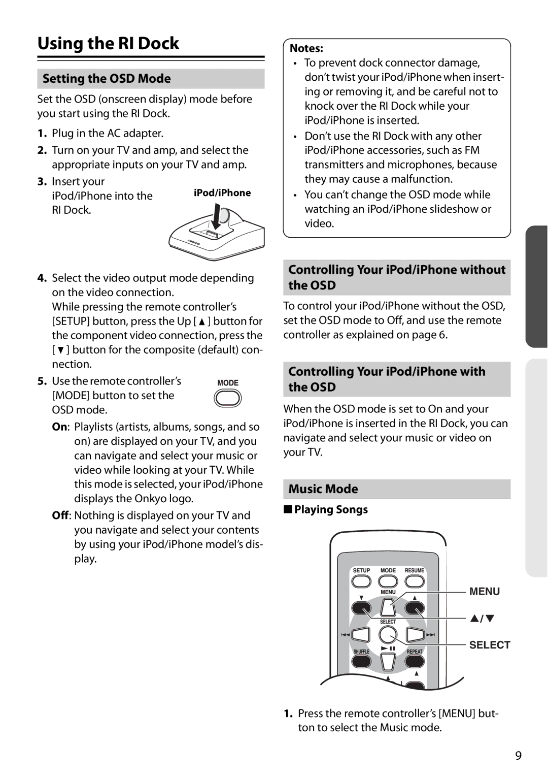 Onkyo DS-A4 Using the RI Dock, Setting the OSD Mode, Controlling Your iPod/iPhone without the OSD, Music Mode 