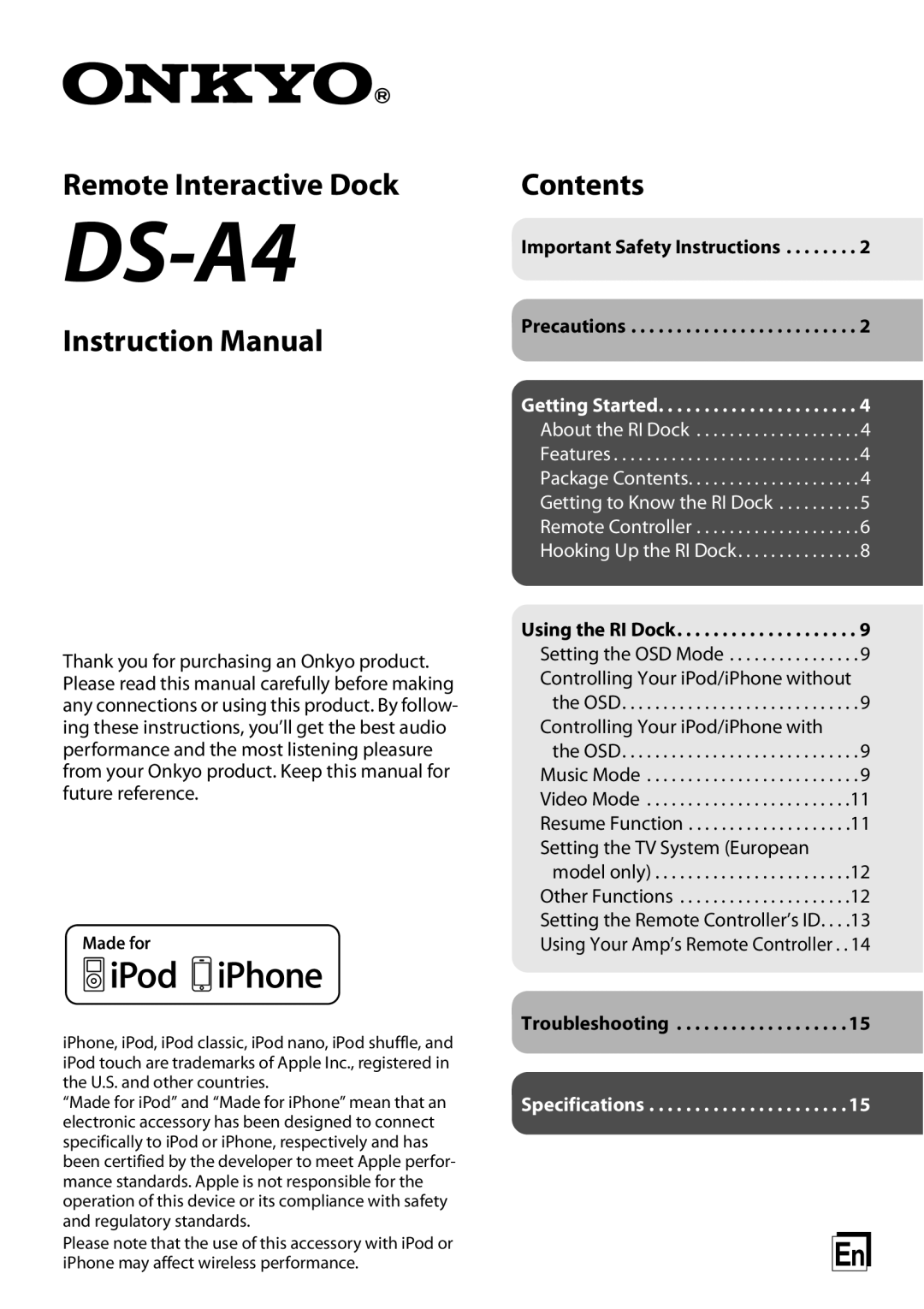Onkyo DS-A4 instruction manual Remote Interactive Dock, Instruction Manual, Contents, Using the RI Dock, Troubleshooting 