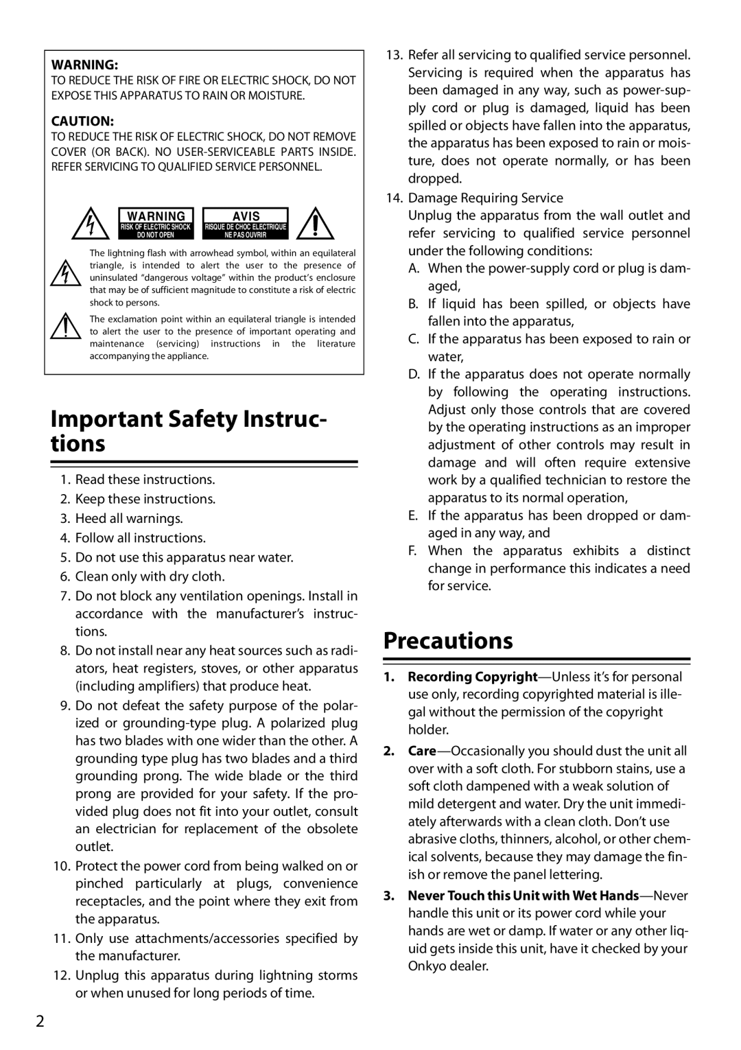 Onkyo DS-A4 instruction manual Important Safety Instruc- tions, Precautions 
