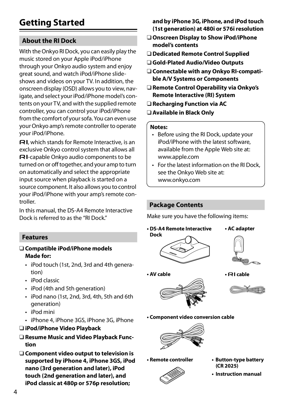 Onkyo DS-A4 Getting Started, About the RI Dock, Features, Package Contents, Compatible iPod/iPhone models Made for, cable 