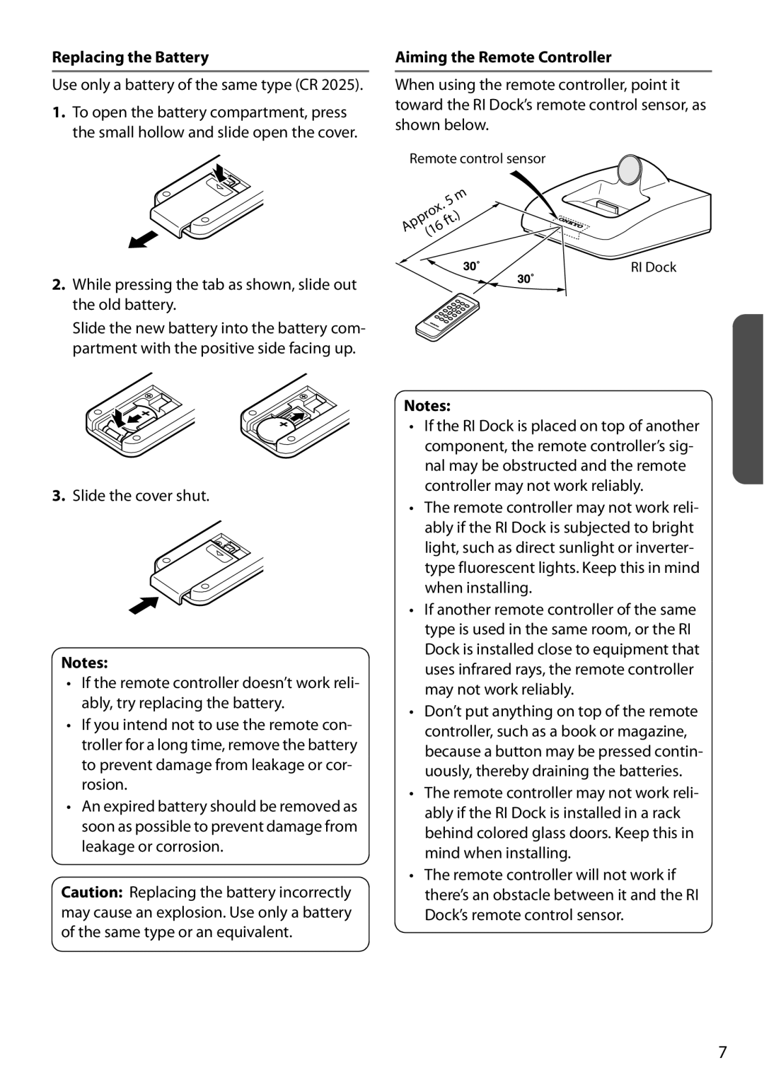 Onkyo DS-A4 instruction manual Replacing the Battery, Aiming the Remote Controller 